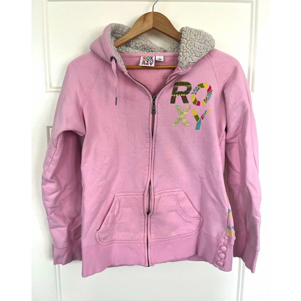 Vintage Y2K Roxy Pink Full Zip Hoodie Sherpa Lined Spellout Surf Women's XL